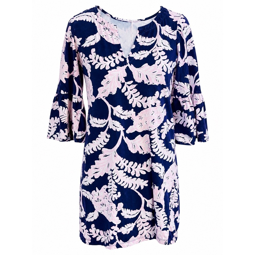 Lilly Pulitzer Tosha Cotton Jersey Dress Blue & White Leaf Print Size XS